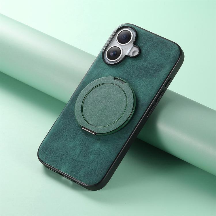 For iPhone 16 Plus Retro Leather Rotation Round Holder Phone Case