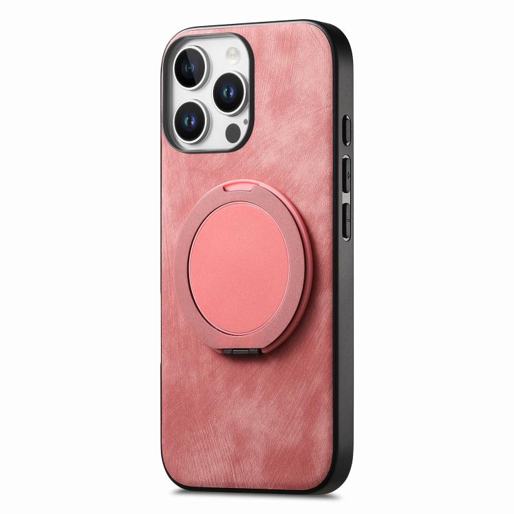 For iPhone 16 Pro Max Retro Leather Rotation Round Holder Phone Case