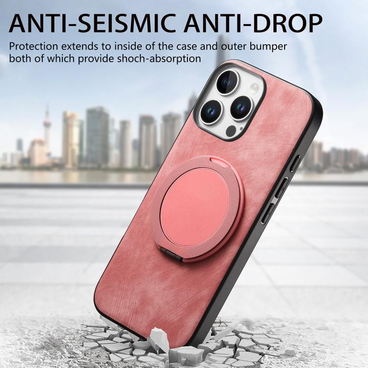 For iPhone 16 Pro Max Retro Leather Rotation Round Holder Phone Case