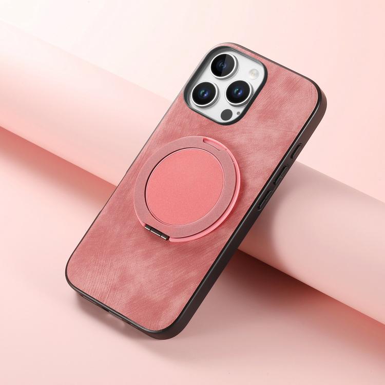 For iPhone 16 Pro Max Retro Leather Rotation Round Holder Phone Case