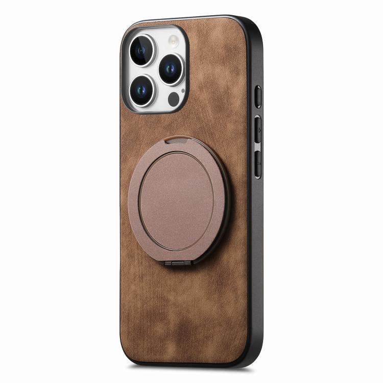 For iPhone 16 Pro Max Retro Leather Rotation Round Holder Phone Case