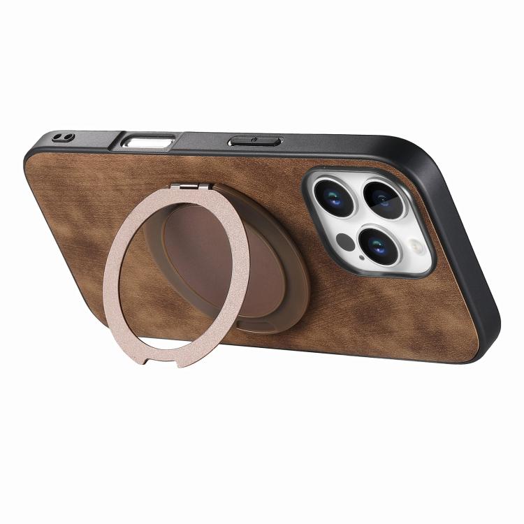 For iPhone 16 Pro Max Retro Leather Rotation Round Holder Phone Case