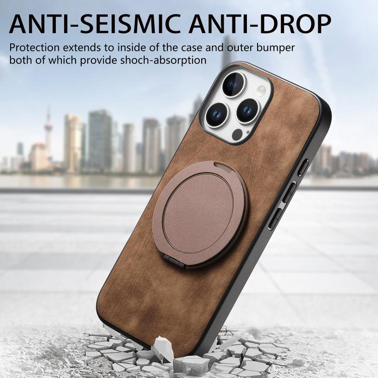 For iPhone 16 Pro Max Retro Leather Rotation Round Holder Phone Case