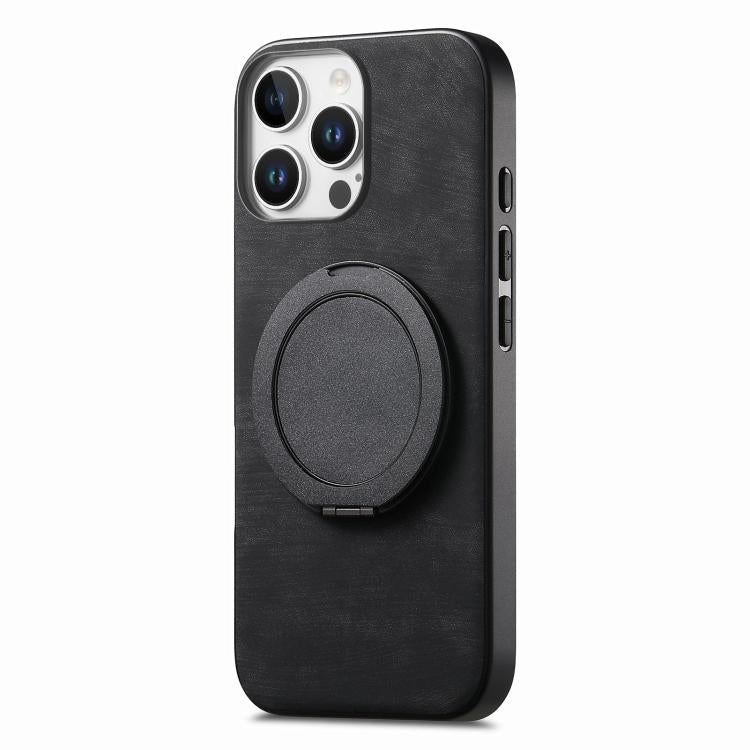 For iPhone 16 Pro Max Retro Leather Rotation Round Holder Phone Case