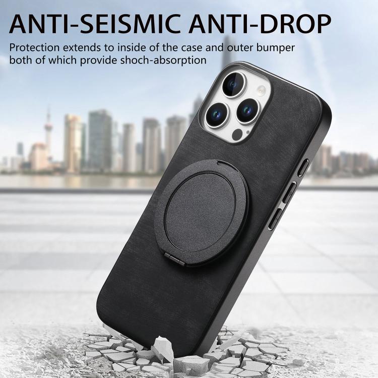 For iPhone 16 Pro Max Retro Leather Rotation Round Holder Phone Case