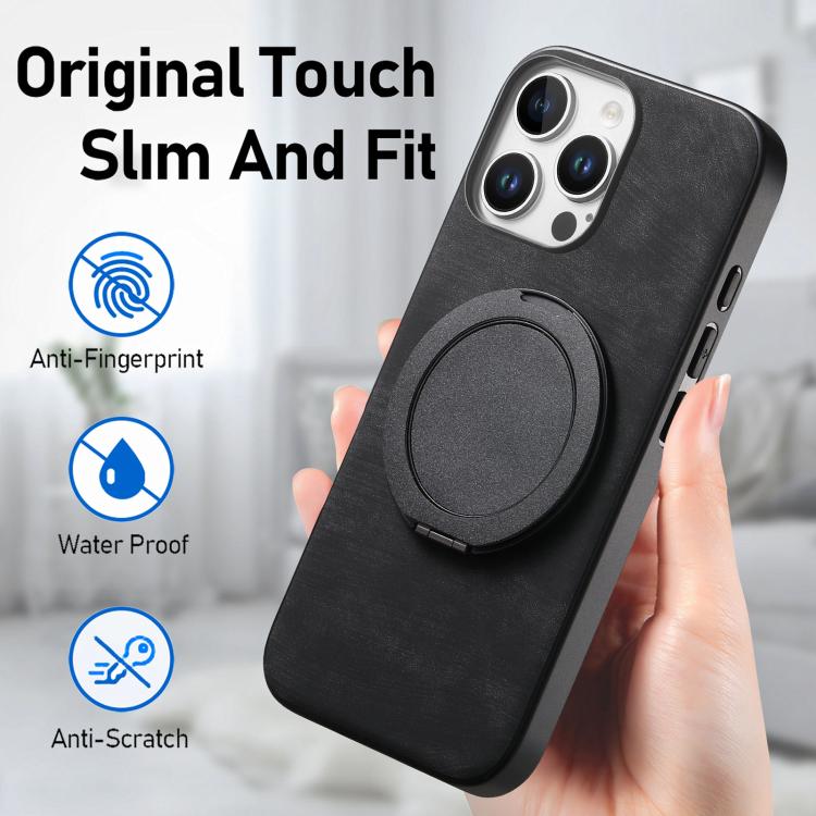 For iPhone 16 Pro Max Retro Leather Rotation Round Holder Phone Case