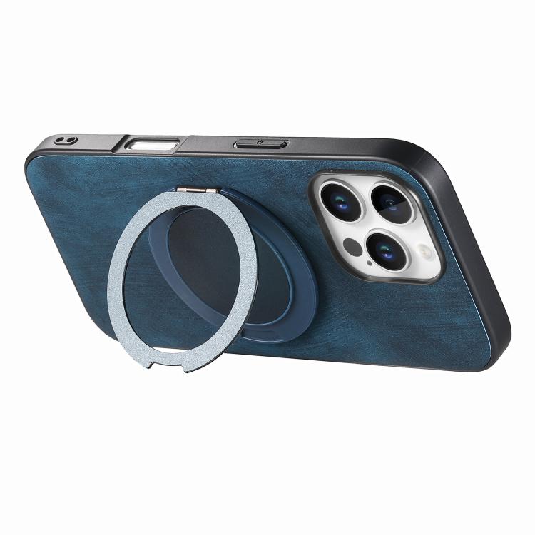 For iPhone 16 Pro Max Retro Leather Rotation Round Holder Phone Case