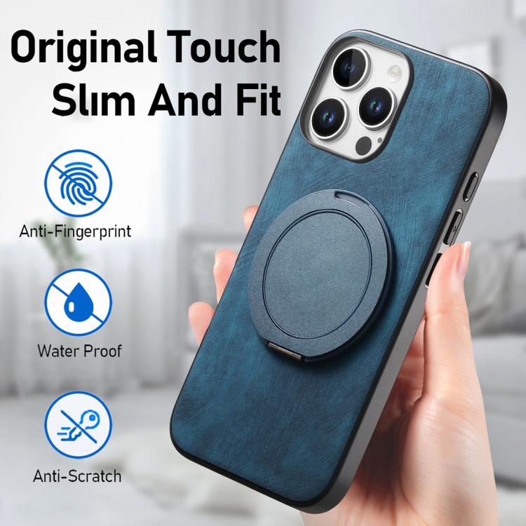 For iPhone 16 Pro Max Retro Leather Rotation Round Holder Phone Case