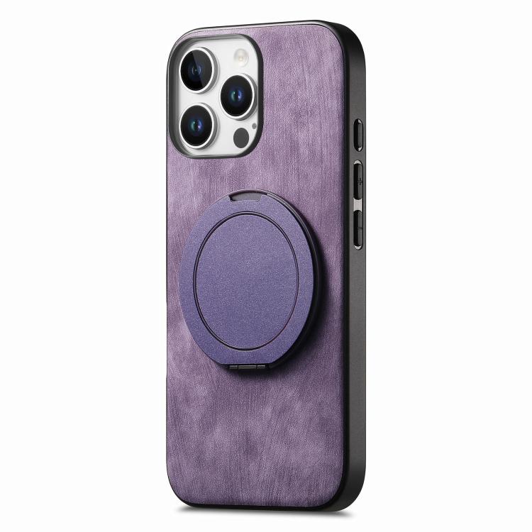 For iPhone 16 Pro Max Retro Leather Rotation Round Holder Phone Case