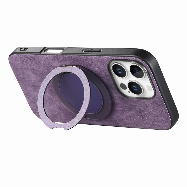 For iPhone 16 Pro Max Retro Leather Rotation Round Holder Phone Case