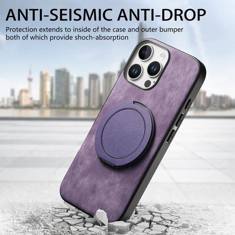 For iPhone 16 Pro Max Retro Leather Rotation Round Holder Phone Case