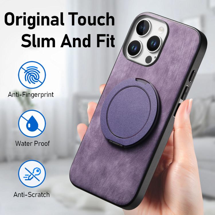 For iPhone 16 Pro Max Retro Leather Rotation Round Holder Phone Case