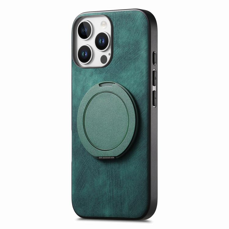 For iPhone 16 Pro Max Retro Leather Rotation Round Holder Phone Case