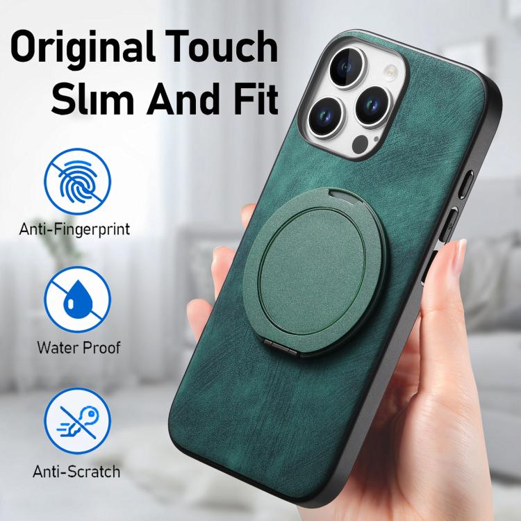 For iPhone 16 Pro Max Retro Leather Rotation Round Holder Phone Case