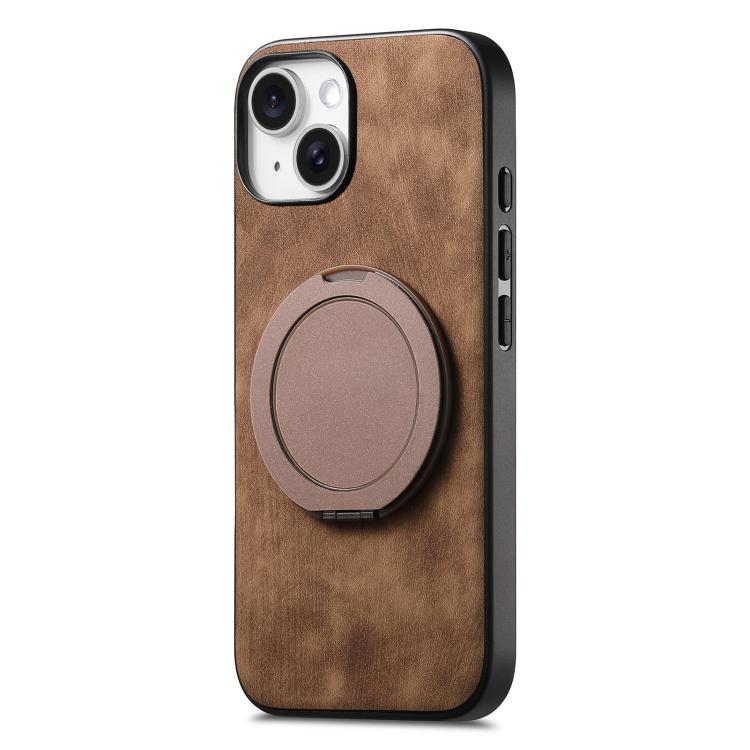 For iPhone 15 Retro Leather Rotation Round Holder Phone Case