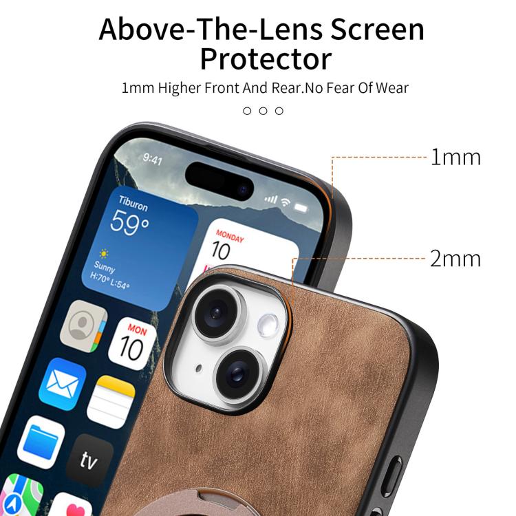 For iPhone 15 Retro Leather Rotation Round Holder Phone Case