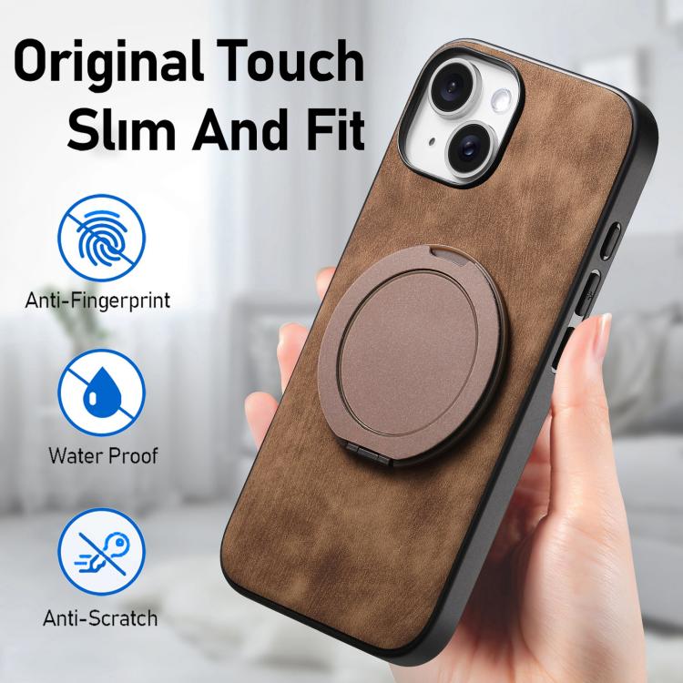 For iPhone 15 Retro Leather Rotation Round Holder Phone Case