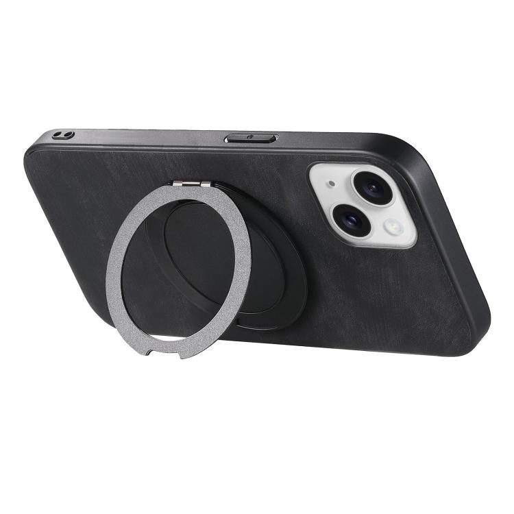 For iPhone 15 Retro Leather Rotation Round Holder Phone Case