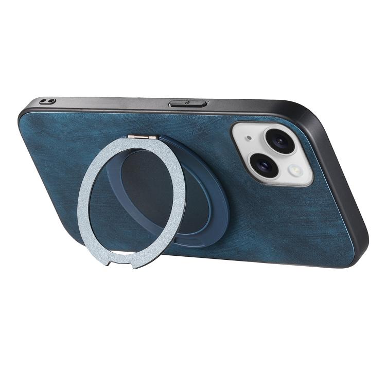 For iPhone 15 Retro Leather Rotation Round Holder Phone Case