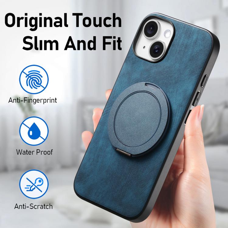 For iPhone 15 Retro Leather Rotation Round Holder Phone Case