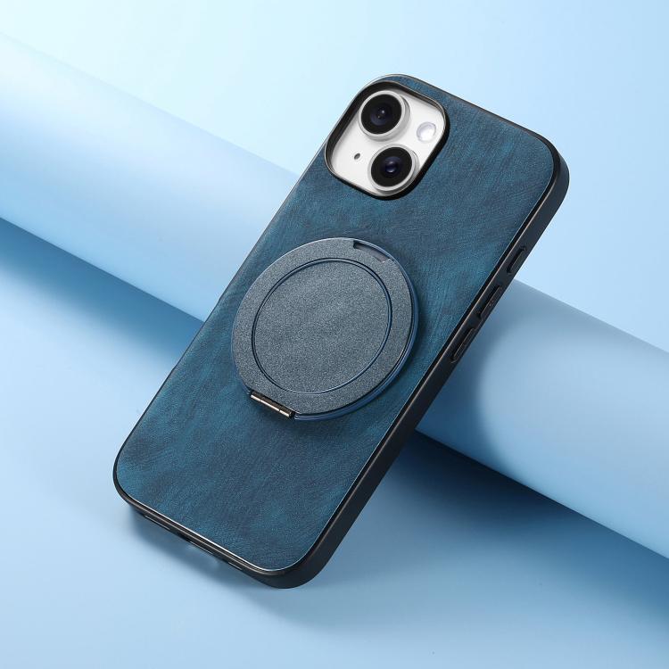 For iPhone 15 Retro Leather Rotation Round Holder Phone Case
