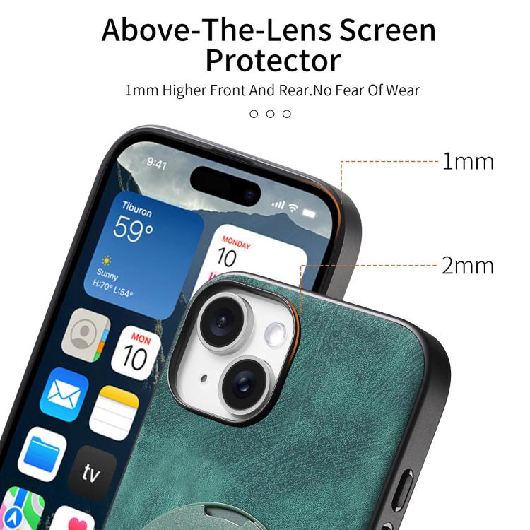 For iPhone 15 Retro Leather Rotation Round Holder Phone Case