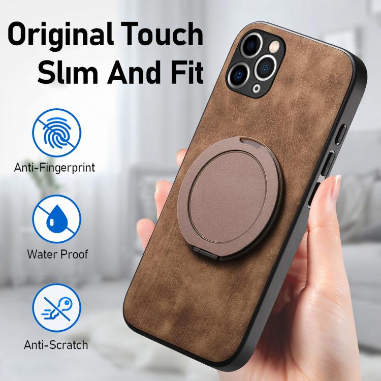 For iPhone 11 Retro Leather Rotation Round Holder Phone Case