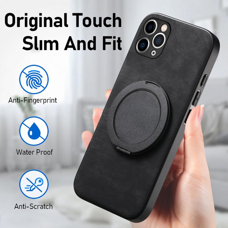 For iPhone 11 Retro Leather Rotation Round Holder Phone Case
