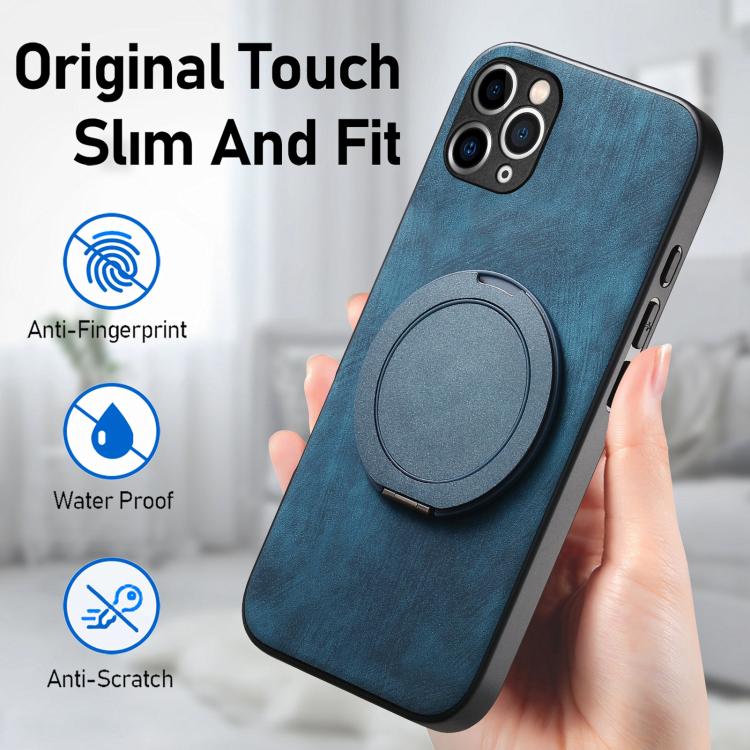 For iPhone 11 Retro Leather Rotation Round Holder Phone Case