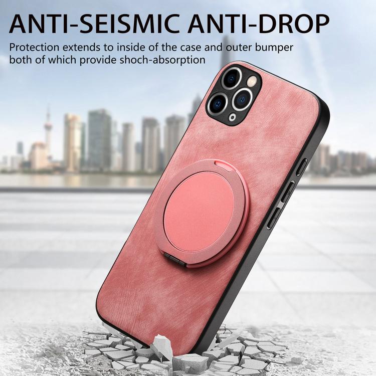 For iPhone 11 Pro Retro Leather Rotation Round Holder Phone Case