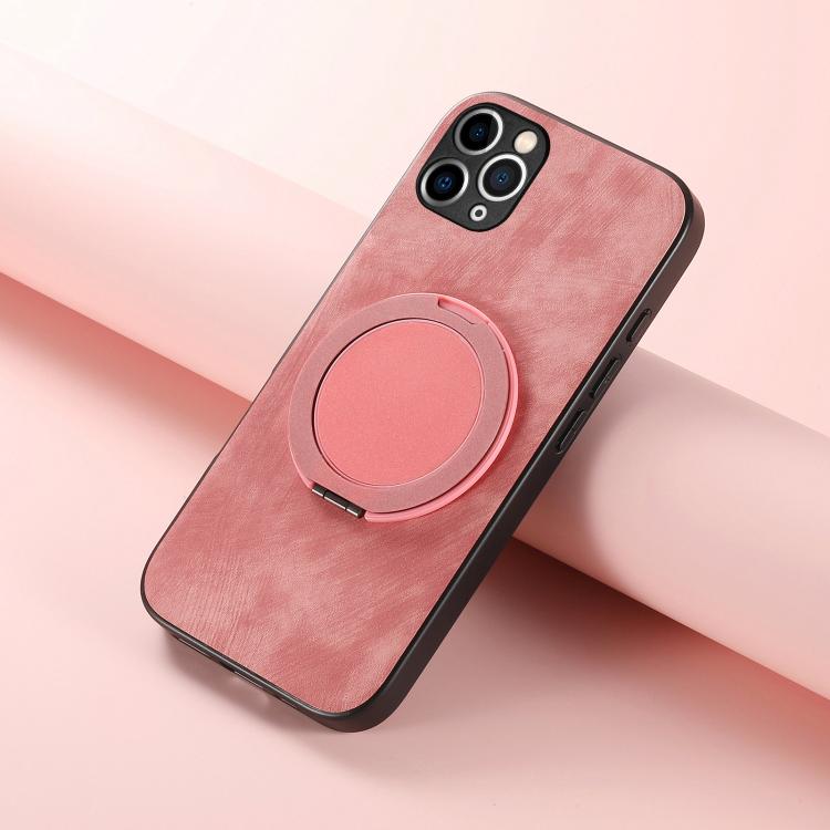 For iPhone 11 Pro Retro Leather Rotation Round Holder Phone Case