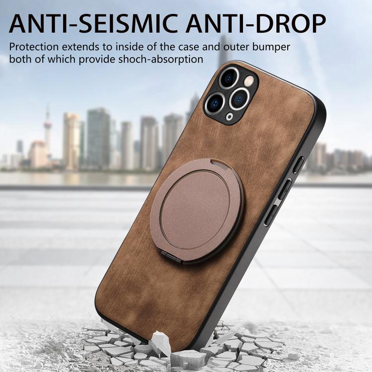 For iPhone 11 Pro Retro Leather Rotation Round Holder Phone Case