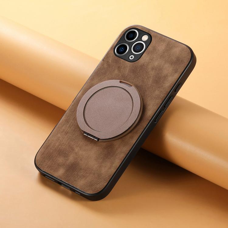 For iPhone 11 Pro Retro Leather Rotation Round Holder Phone Case