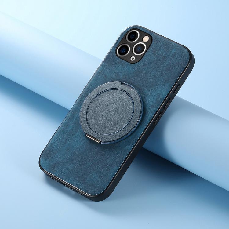 For iPhone 11 Pro Retro Leather Rotation Round Holder Phone Case