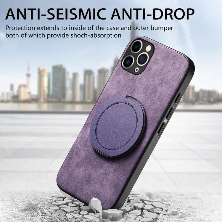 For iPhone 11 Pro Retro Leather Rotation Round Holder Phone Case