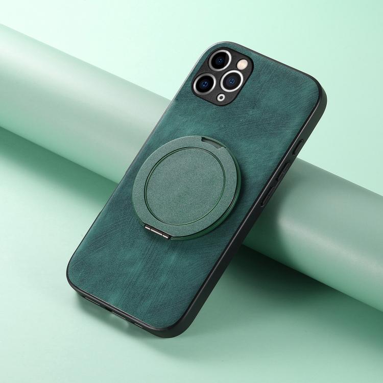 For iPhone 11 Pro Retro Leather Rotation Round Holder Phone Case