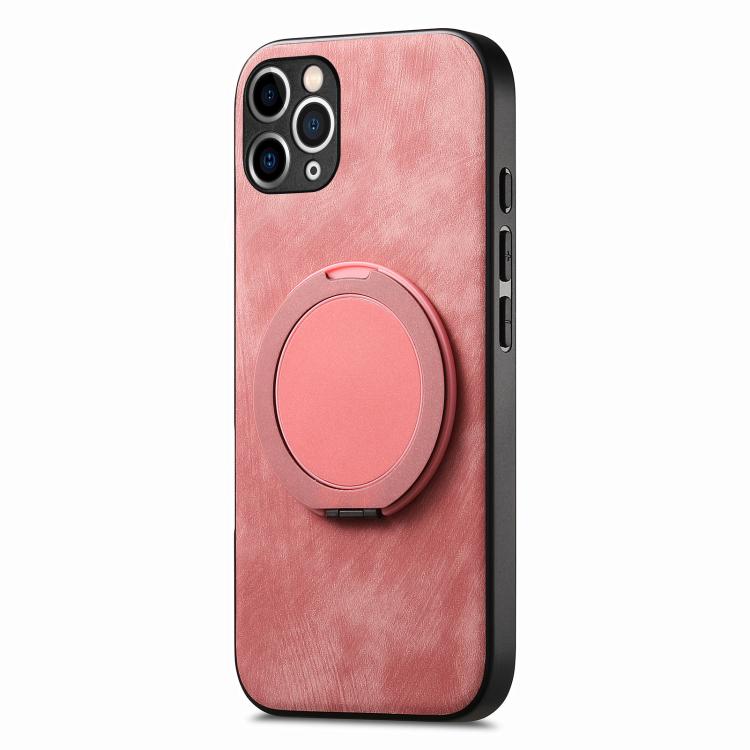 For iPhone 11 Pro Max Retro Leather Rotation Round Holder Phone Case