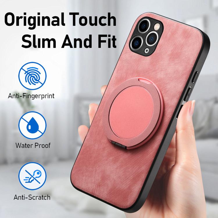 For iPhone 11 Pro Max Retro Leather Rotation Round Holder Phone Case