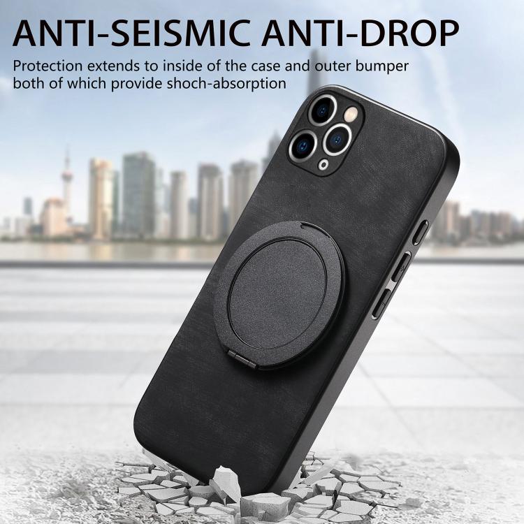 For iPhone 11 Pro Max Retro Leather Rotation Round Holder Phone Case
