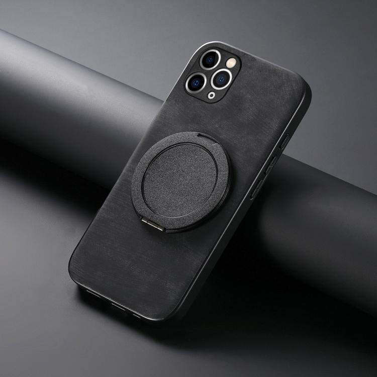 For iPhone 11 Pro Max Retro Leather Rotation Round Holder Phone Case