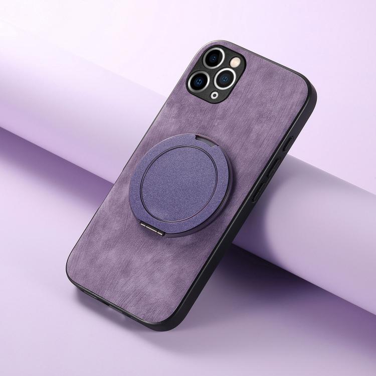 For iPhone 11 Pro Max Retro Leather Rotation Round Holder Phone Case