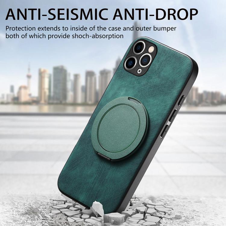 For iPhone 11 Pro Max Retro Leather Rotation Round Holder Phone Case