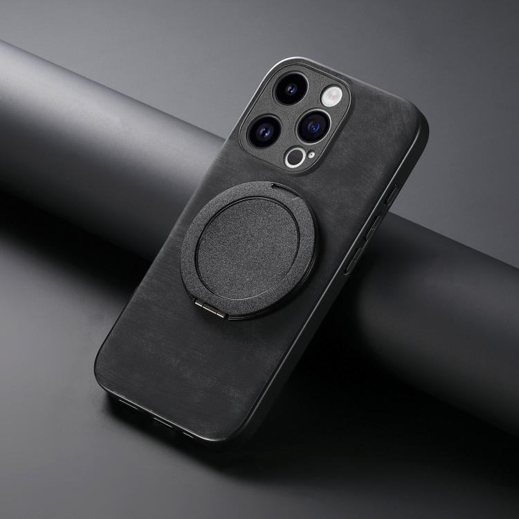 For iPhone 12 Pro Retro Leather Rotation Round Holder Phone Case