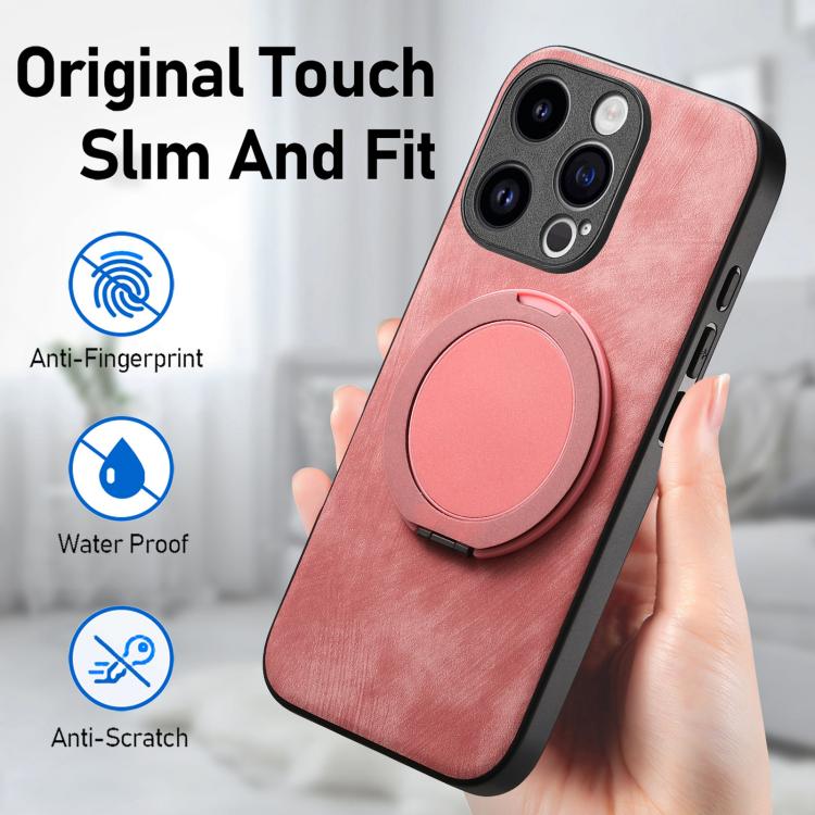 For iPhone 13 Pro Retro Leather Rotation Round Holder Phone Case