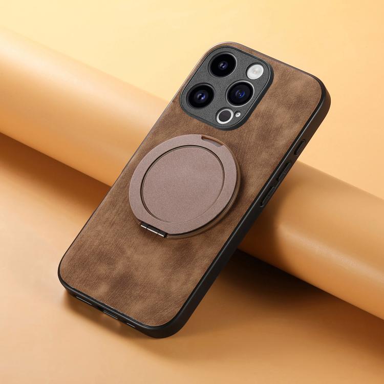 For iPhone 13 Pro Retro Leather Rotation Round Holder Phone Case