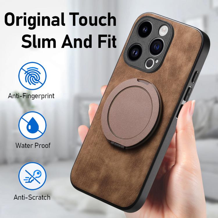For iPhone 13 Pro Max Retro Leather Rotation Round Holder Phone Case