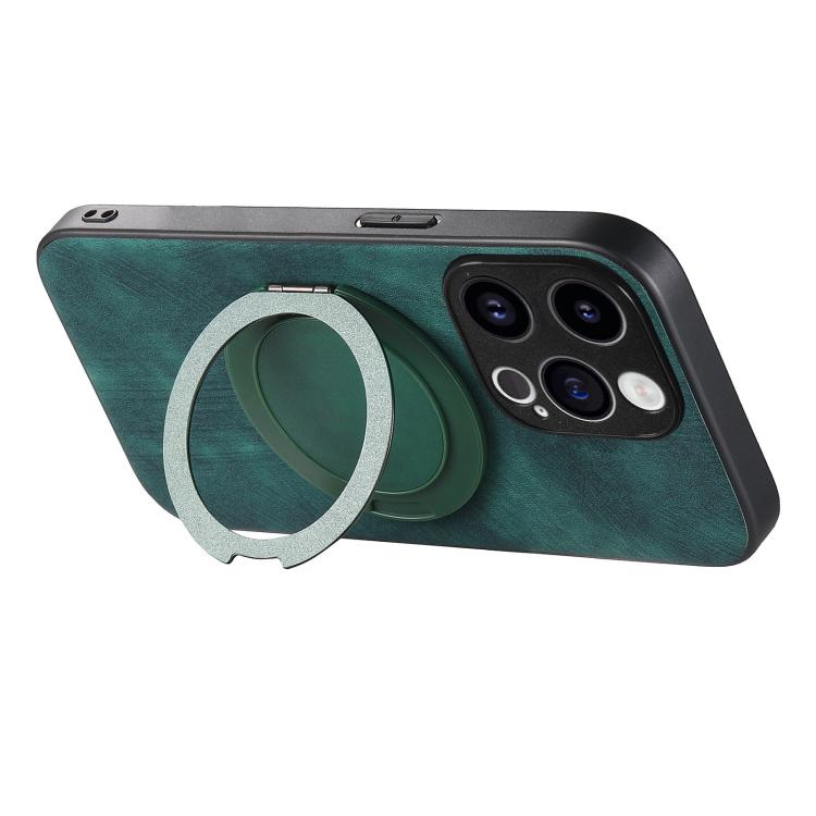 For iPhone 13 Pro Max Retro Leather Rotation Round Holder Phone Case