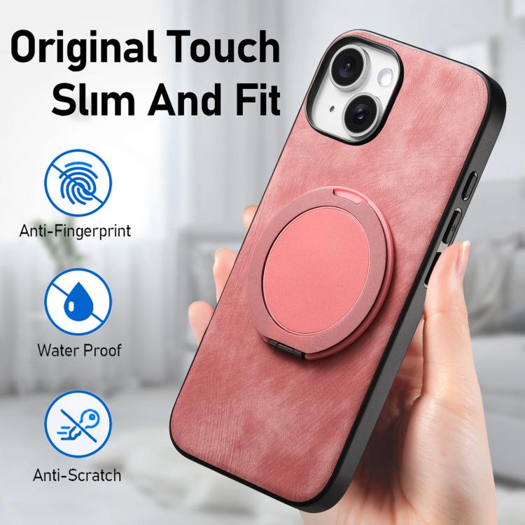 For iPhone 14 Retro Leather Rotation Round Holder Phone Case