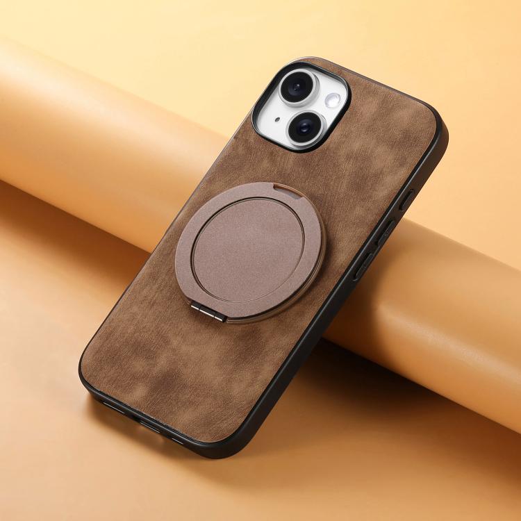 For iPhone 14 Retro Leather Rotation Round Holder Phone Case