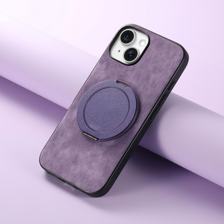 For iPhone 14 Retro Leather Rotation Round Holder Phone Case